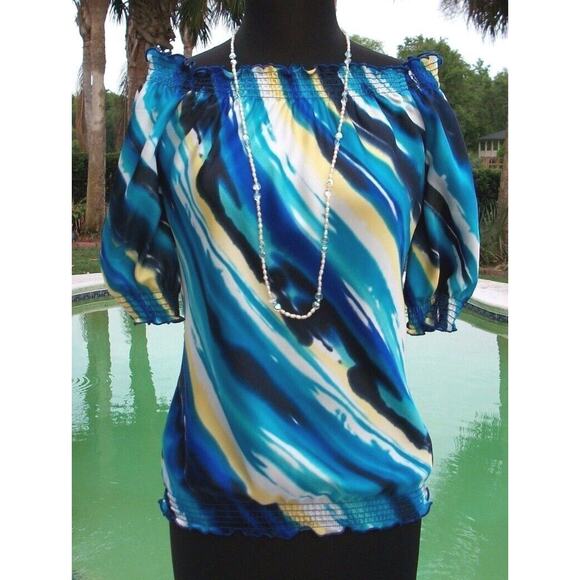 Cache Blue Black Tan Peasant BOHO Chic Art Stripe Top Wear Off Shoulder NWT $108 - Picture 4 of 4